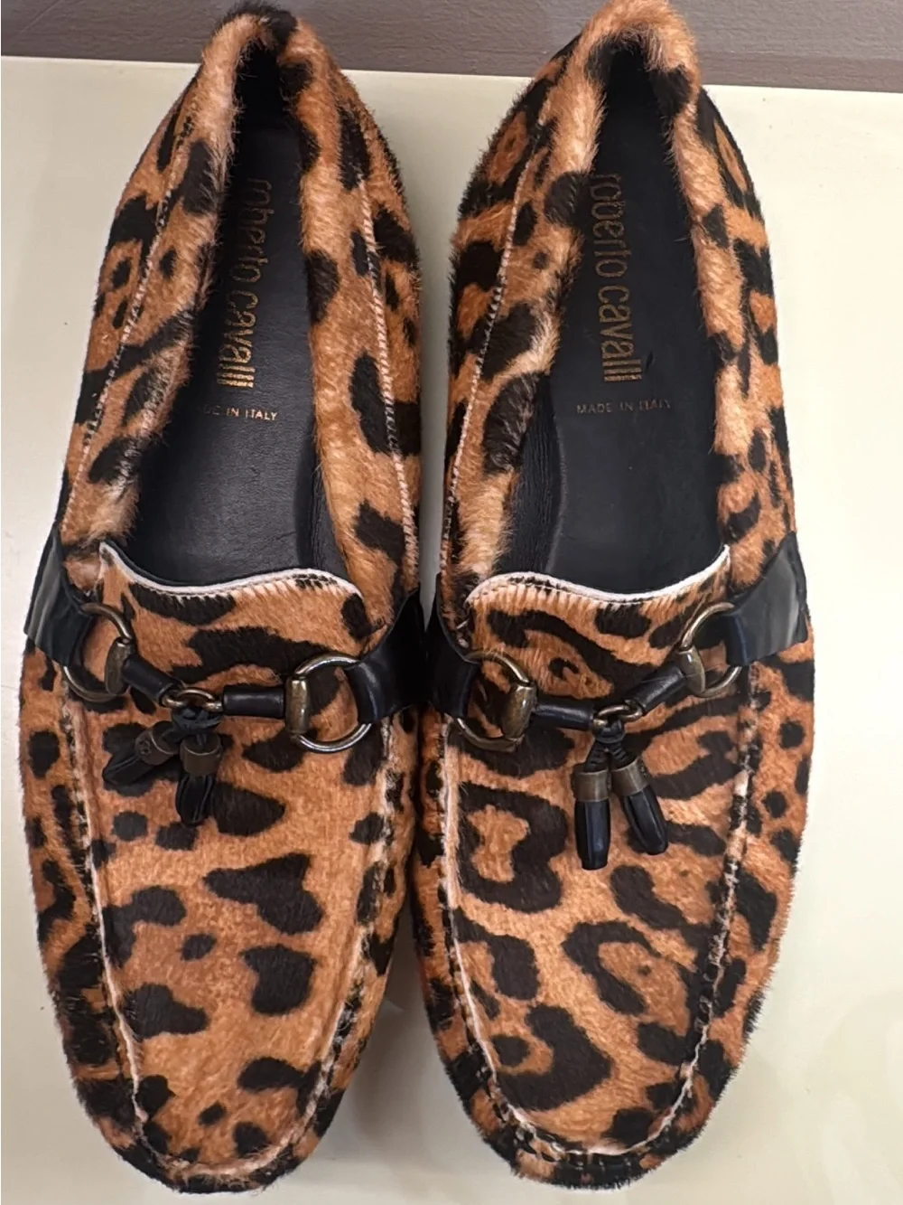 Roberto Cavalli Tan and Black Leopard-Print Tassel Loafers